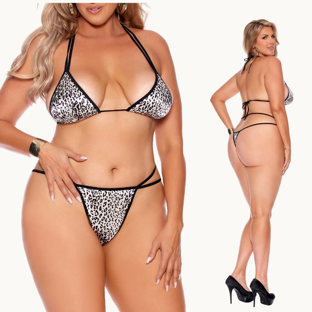 Plus Size Animal Print Charmeuse Bra Thong Lingerie Set Leopard Queen